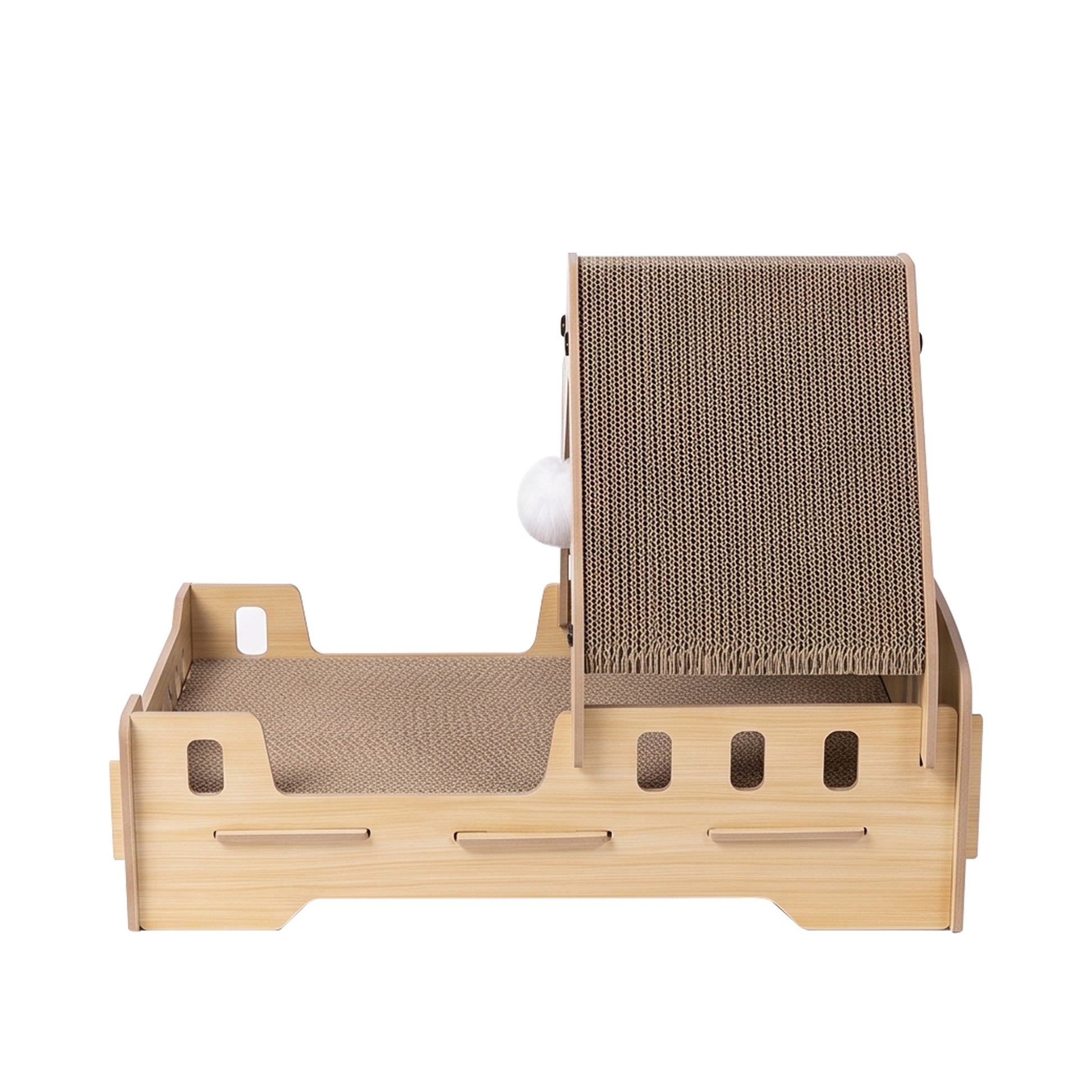 Cat Scratcher Bed, 3‑In‑1 Vertical Curved Cat Scratch Pad With Solid Wood Frame & Hanging Pom‑Pom Toy For Indoor Cats