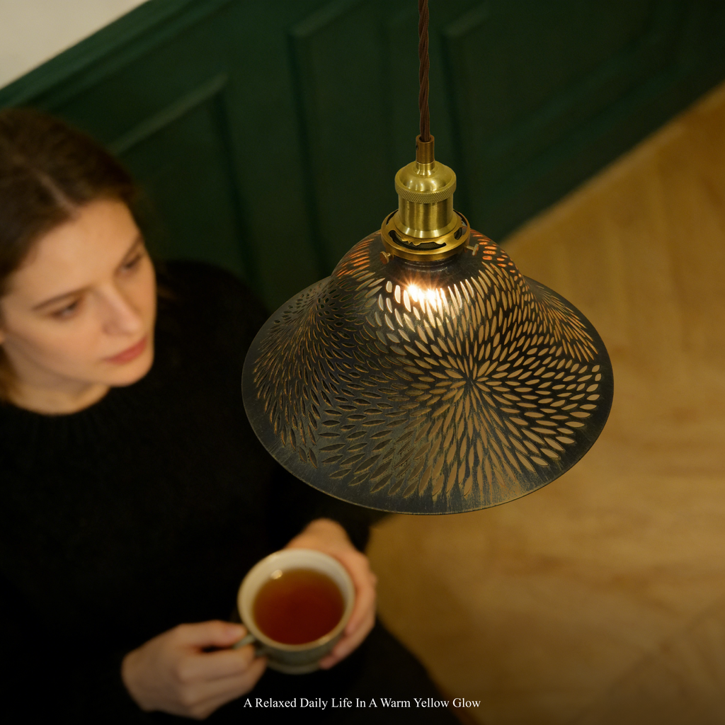Vintage Cutout Metal Pendant Light, Gold Interior Laser Engraved Hanging Lamp for Kitchen Island Dining Room