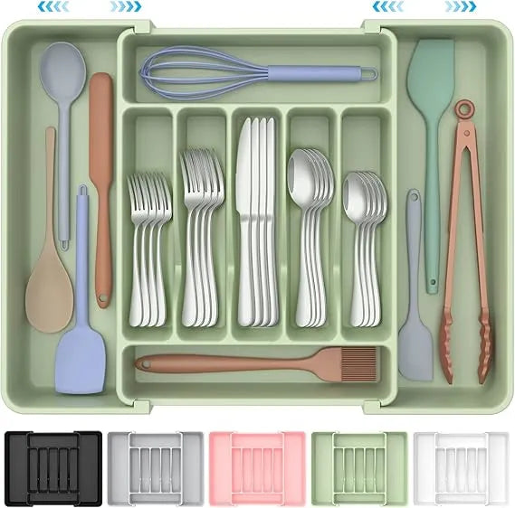AEELLEEA Expandable Silverware Organizer Tray, Green Adjustable Kitchen Drawer Utensil Holder for Flatware