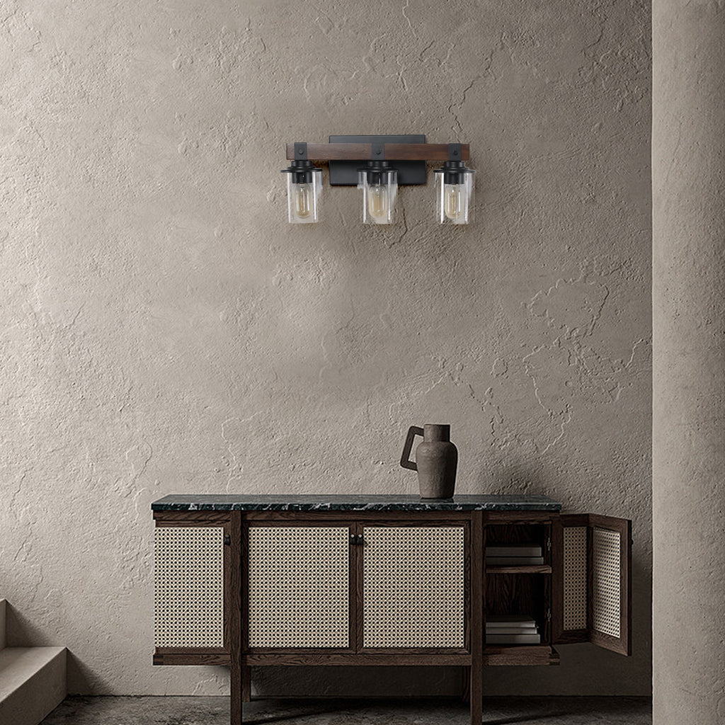 3-Light Vanity Mirror Lighting, Solid Wood Lamp Pole, Iron Base & Lamp Cup Connector, Glass Lampshade, Matte Black Metal Frame with Walnut Finish, Makeup Lights for Dressing Table Bedroom Bathroom Decor