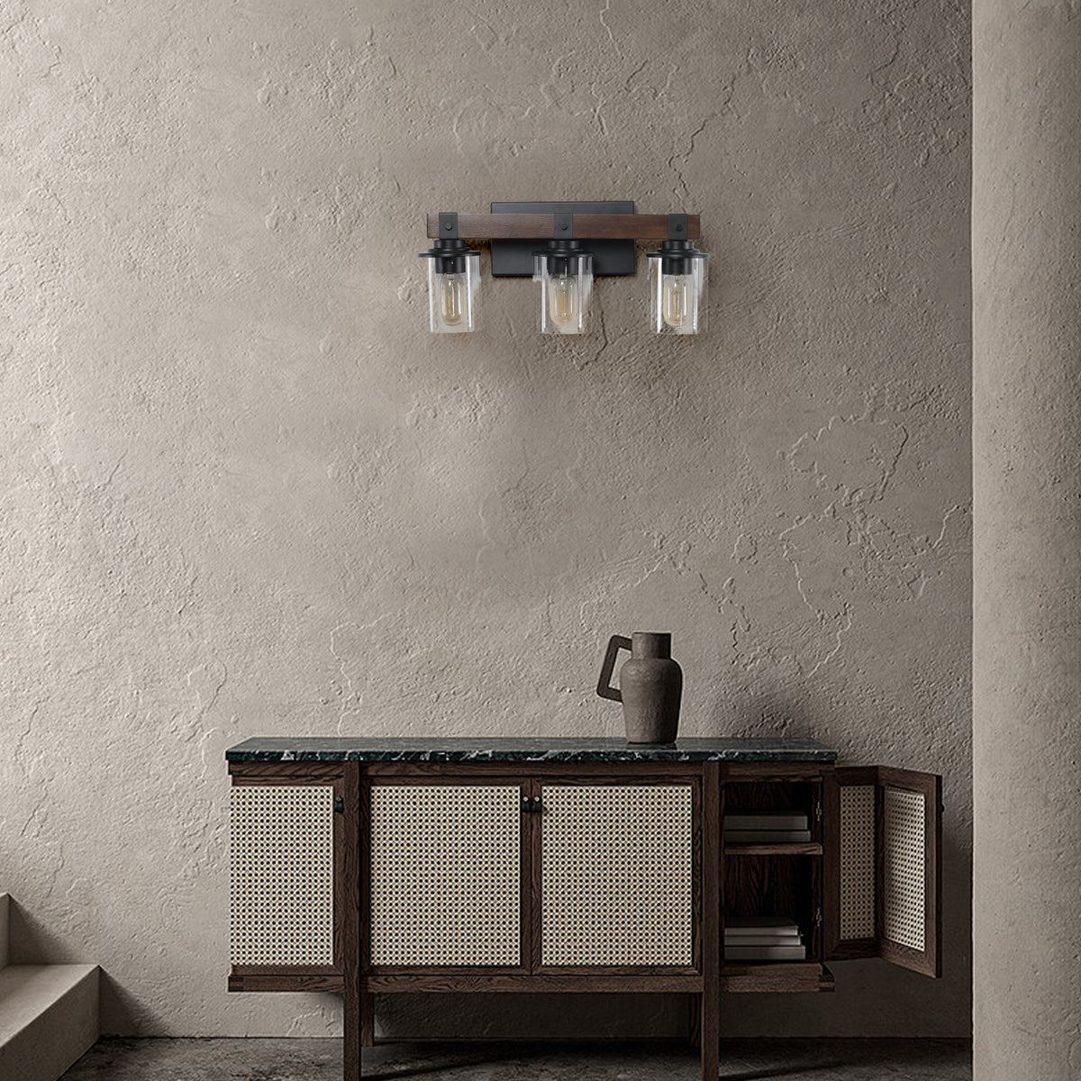 3-Light Vanity Mirror Lighting, Solid Wood Lamp Pole, Iron Base & Lamp Cup Connector, Glass Lampshade, Matte Black Metal Frame with Walnut Finish, Makeup Lights for Dressing Table Bedroom Bathroom Decor