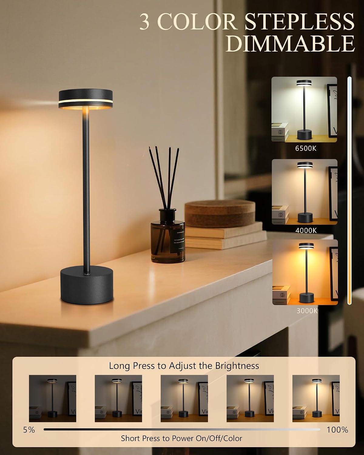 2 Packs LED Cordless Table Lamp, Portable Operated LED Desk Lamp, 3 Color Dimmable, Lighting for Home Décor,  Ambient Mood Light For Bar Pub