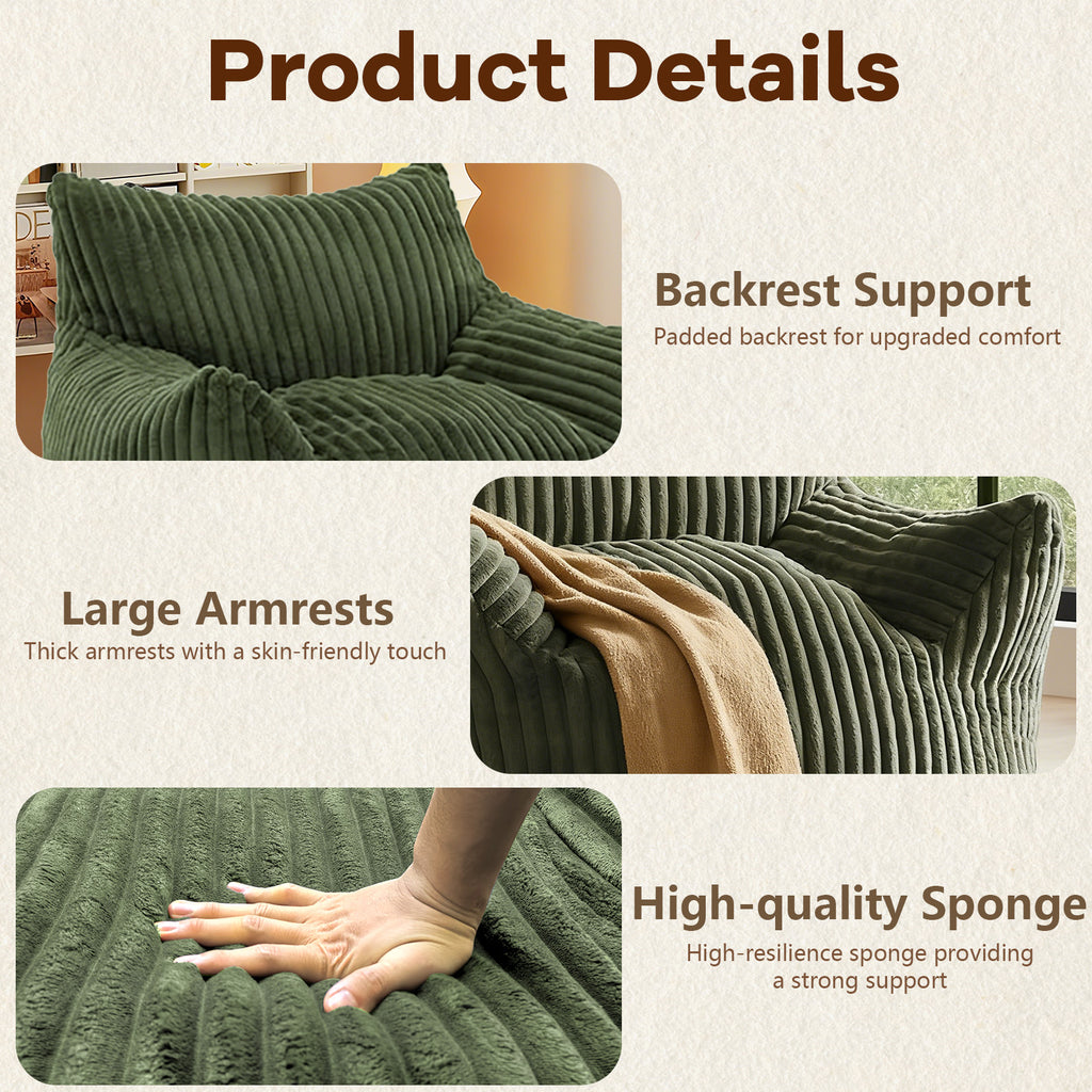 AEELLEEA Green Striped Plush Faux Fur Bean Bag Chair with Ottoman, Crushed Sponge Lazy Sofa for Living Room Bedroom Accent Decor
