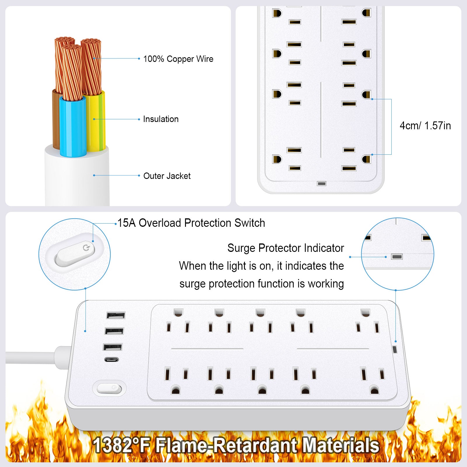 6 FT Surge Protector Power Strip, 10 Outlets 4 USB Ports(1 USB‑C), 14‑in‑1 Long Extension Cord, Flat Plug, 1700J, 1625W/13A, White