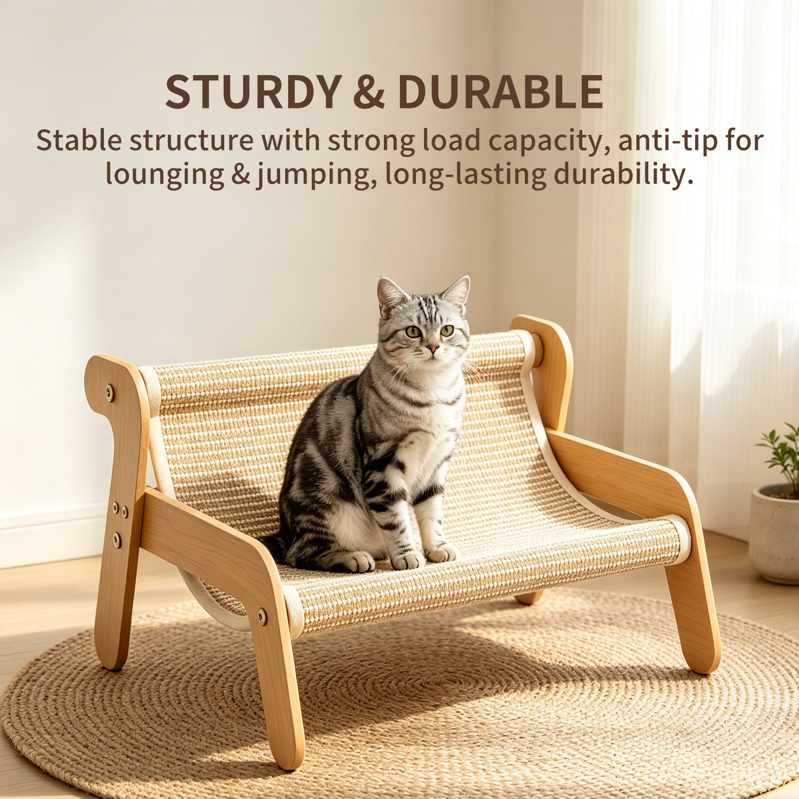 Sisal Cat Scratcher Couch, Wooden Frame Cat Lounger, Scratching Board Furniture for Indoor Cats