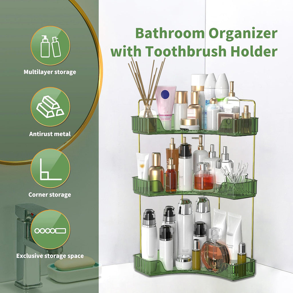 3 Tier Corner Bathroom Counter Organizer, Vanity Makeup & Perfume Storage Shelf, Countertop Skincare Display Stand Holder for Women, Green