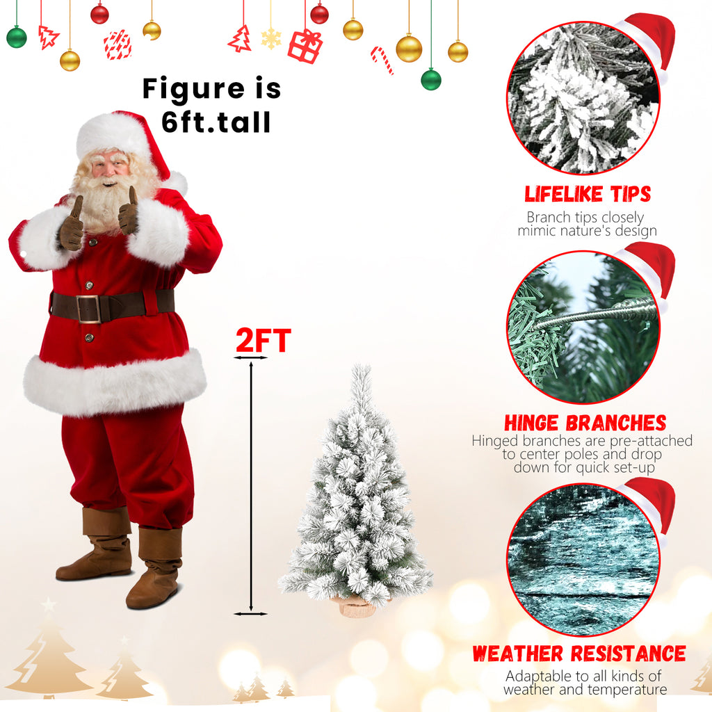 2 Ft Flocked Artificial Christmas Tree, Mini Tabletop Holiday Tree with Burlap Base, White Snowy Branches