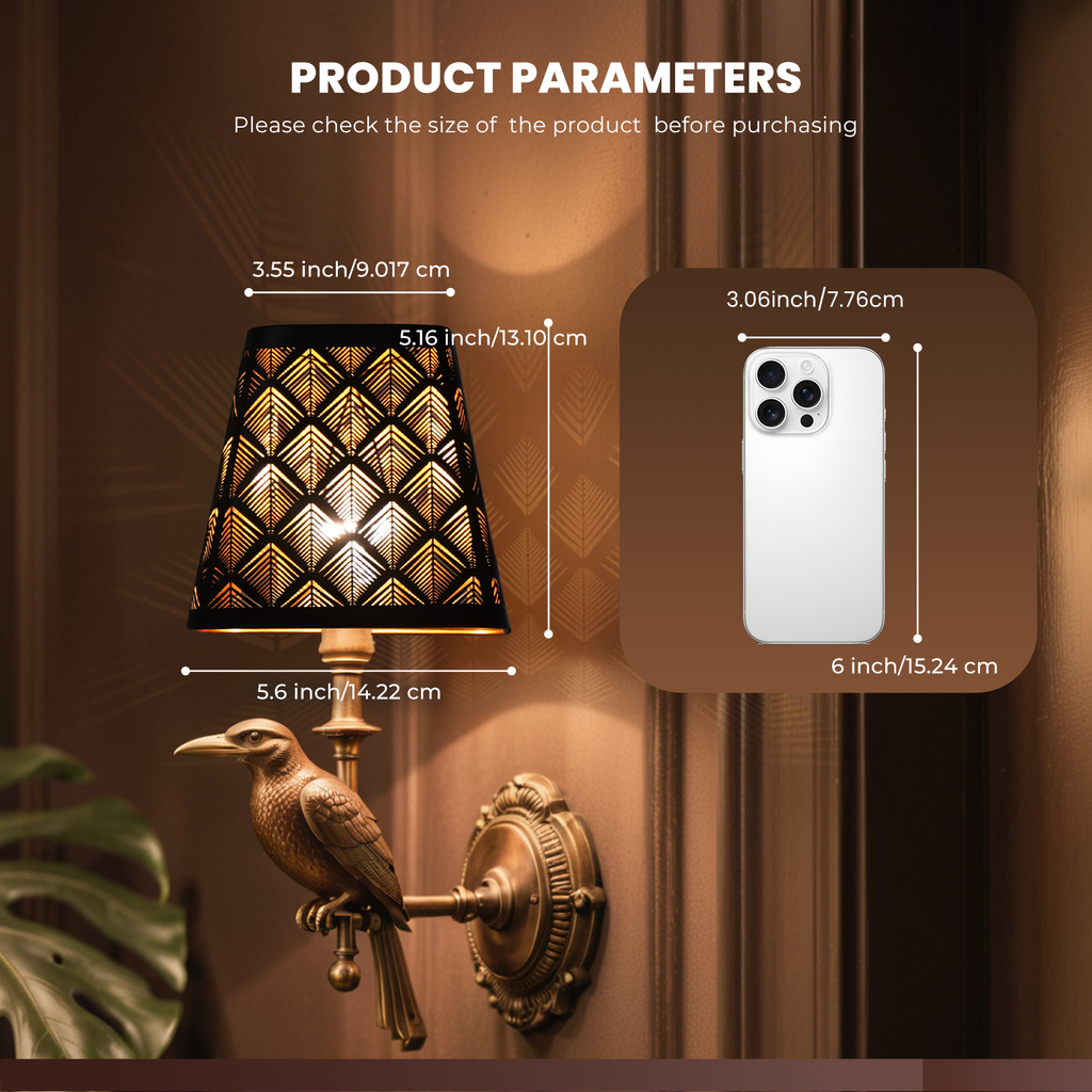 "Set of 2 Square Metal Lamp Shades with Etched Arrow Design, Black & Gold Finish, 3.55 x 5.6 Inches for Table or Floor Lamps"