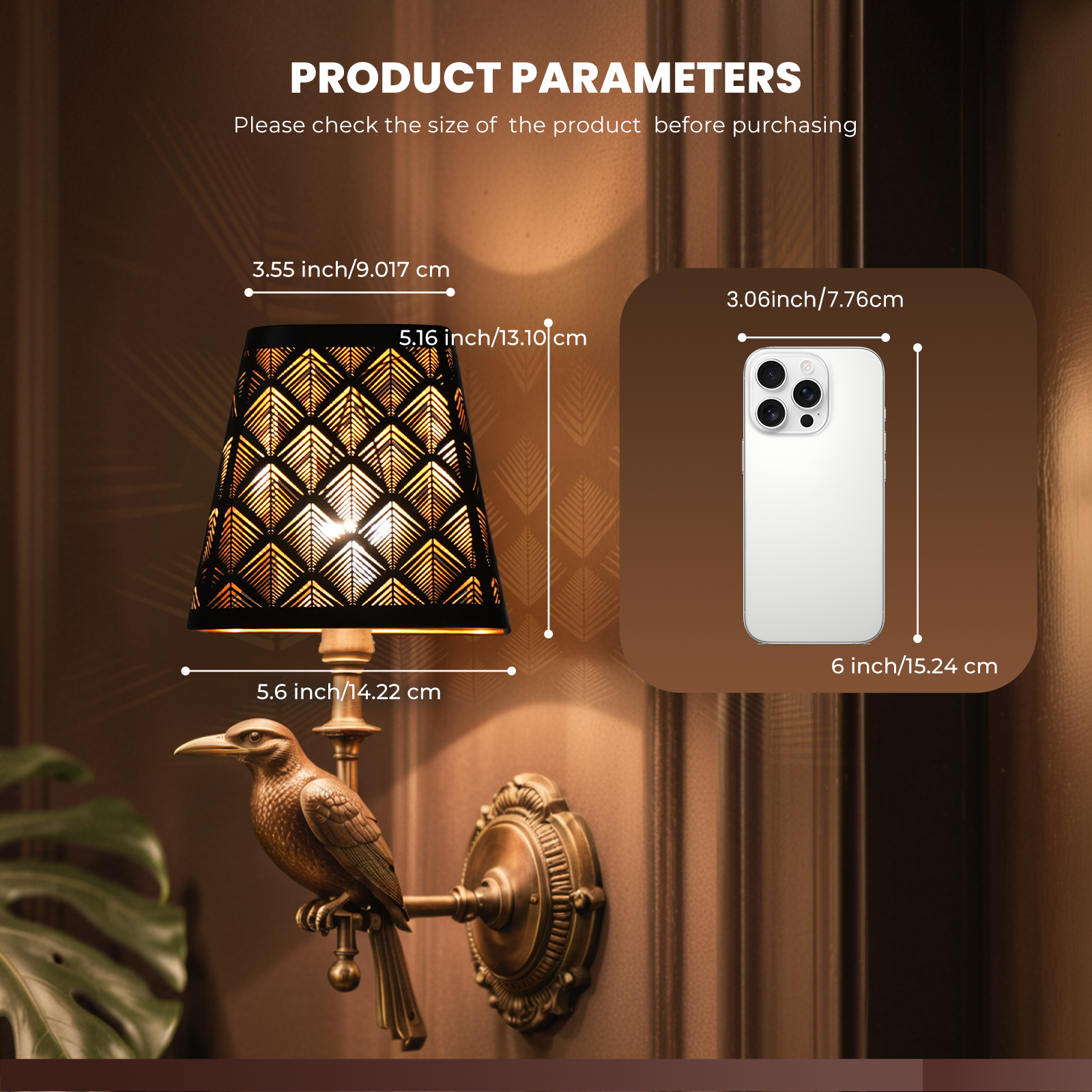 "Set of 2 Square Metal Lamp Shades with Etched Arrow Design, Black & Gold Finish, 3.55 x 5.6 Inches for Table or Floor Lamps"