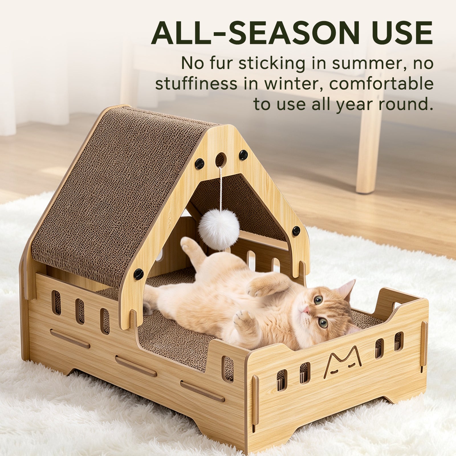 Cat Scratcher Bed, 3‑In‑1 Vertical Curved Cat Scratch Pad With Solid Wood Frame & Hanging Pom‑Pom Toy For Indoor Cats