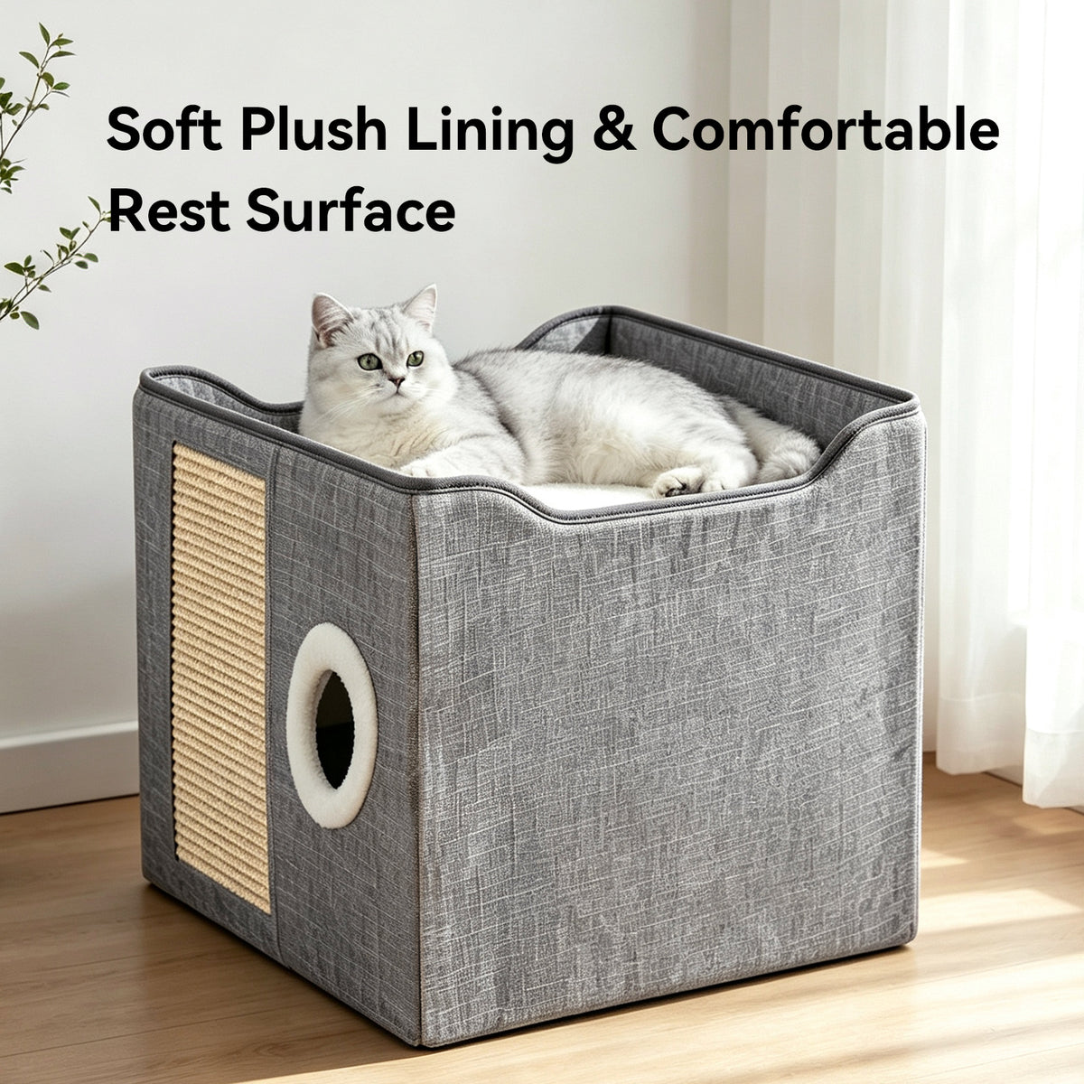 3-in-1 Foldable Cat House with Sisal Scratch Pad & Hanging Toy, Enclosed Cat Cave Bed and Elevated Cat Condo for Indoor Cats