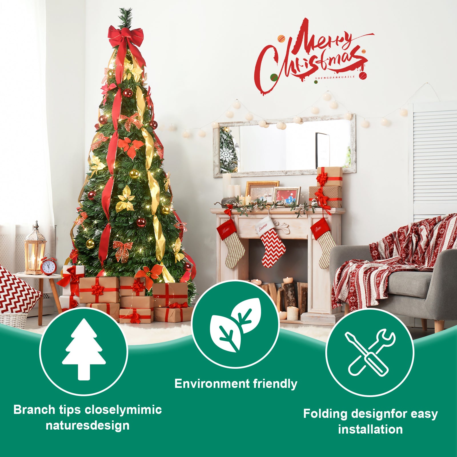 6FT/ 7.5FT glamorous lighted Christmas tree withornaments is the perfect festive home decoration for aparty. The tree features festive details, such as bows andribbons