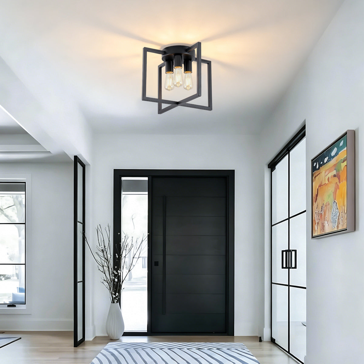 3-Light Semi Flush Mount Ceiling Light, Industrial Black Metal Geometric Square Cage Chandelier, Farmhouse Ceiling Lamp for Bedroom Living Room Hallway Entryway Home Decor