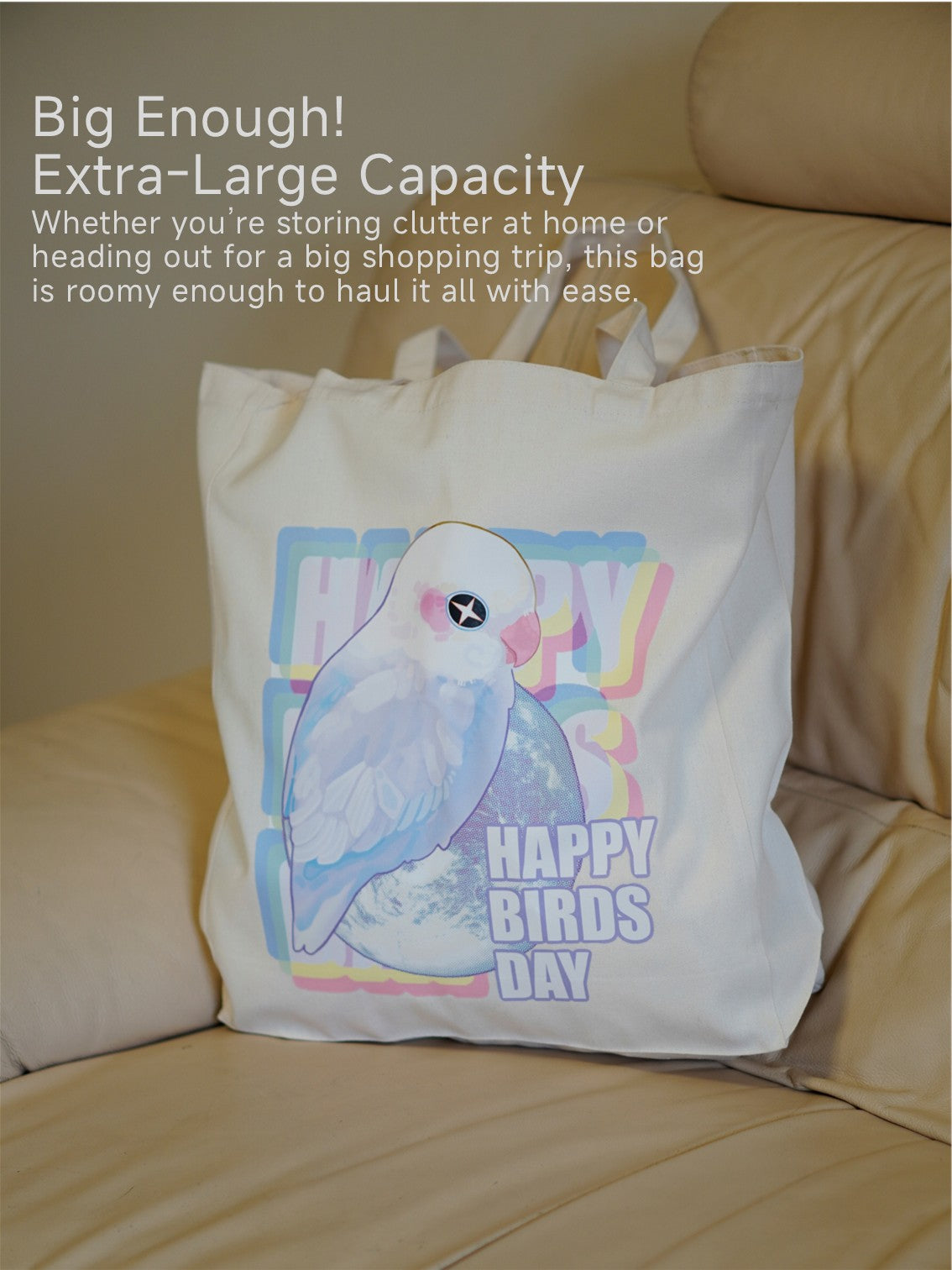 15.75 x 13.78 in Happy Birds Day Cockatiel Canvas Tote Bag, Shoulder Bag For Women, Reusable Shopping Tote Bag