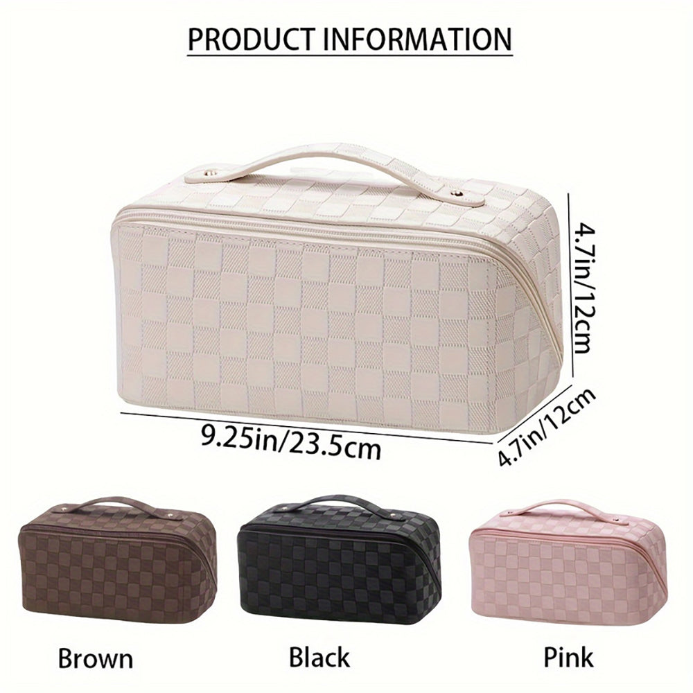 Checkered Makeup Bag, Large Capacity Cosmetic Bag with Handle, Portable Waterproof Travel Toiletry Organizer for Women