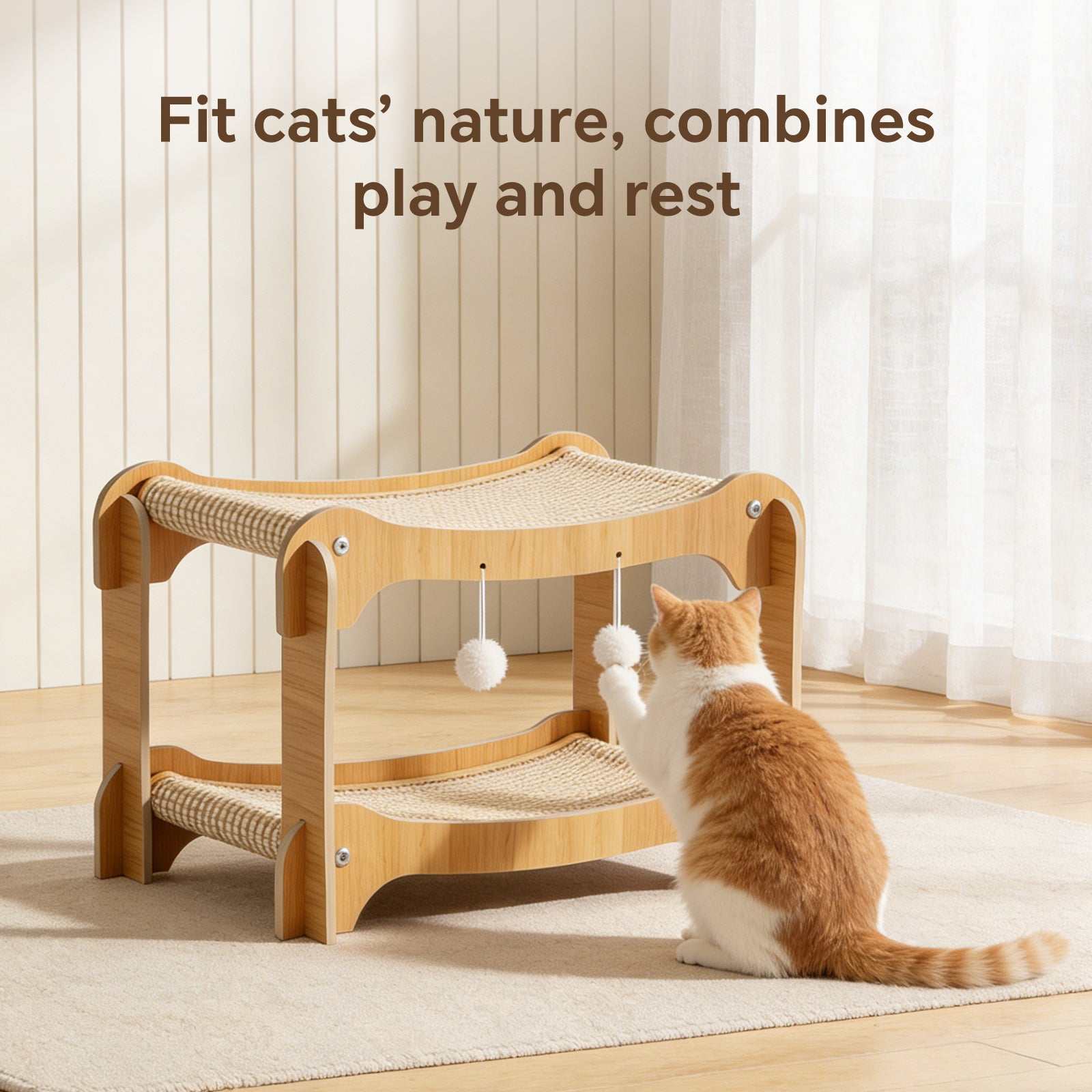 Ergonomic Cat Scratching Lounge Chair Bed- Natural Sisal Scratcher with Solid Wood Frame and Anti Slip Base for Pets