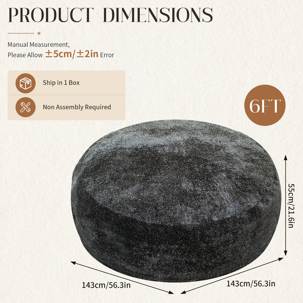 AEELLEEA 6FT Grey Silver Speck Plush Bean Bag Chair, Oversized Round High Density Sponge Beanbag, Removable Zipper Cover for Home Lounge