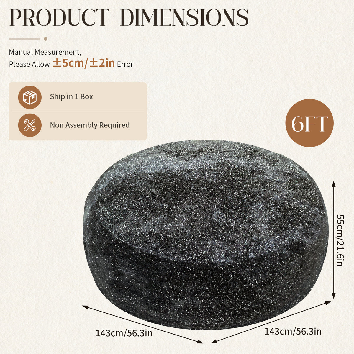 AEELLEEA 6FT Grey Silver Speck Plush Bean Bag Chair, Oversized Round High Density Sponge Beanbag, Removable Zipper Cover for Home Lounge