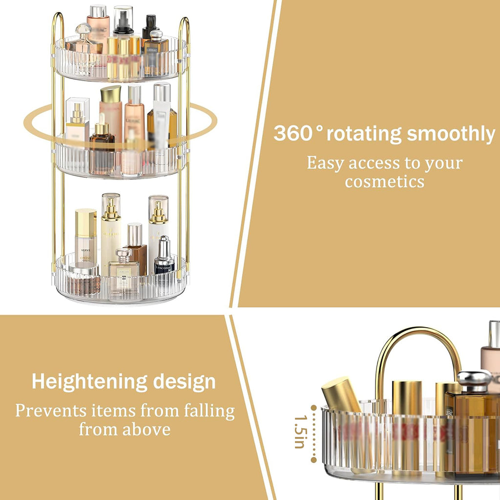 360 Rotating Makeup Organizer for Vanity, 3 Tier Adjustable Perfume Organizer for Dresser, Multi-Function Spinning Cosmetics Skincare Storage for Bedroom, Dresser, Countertop, Clear