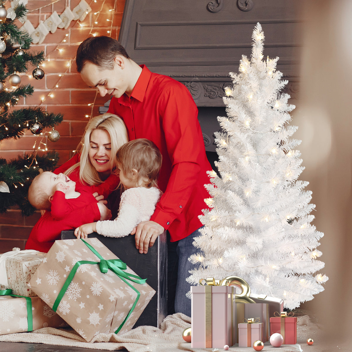 3 FT White Christmas Tree with 30 Pre-Strung UL Lights, 88 Tips Artificial Holiday Tree with Plastic Stand for Indoor Home Decor.
