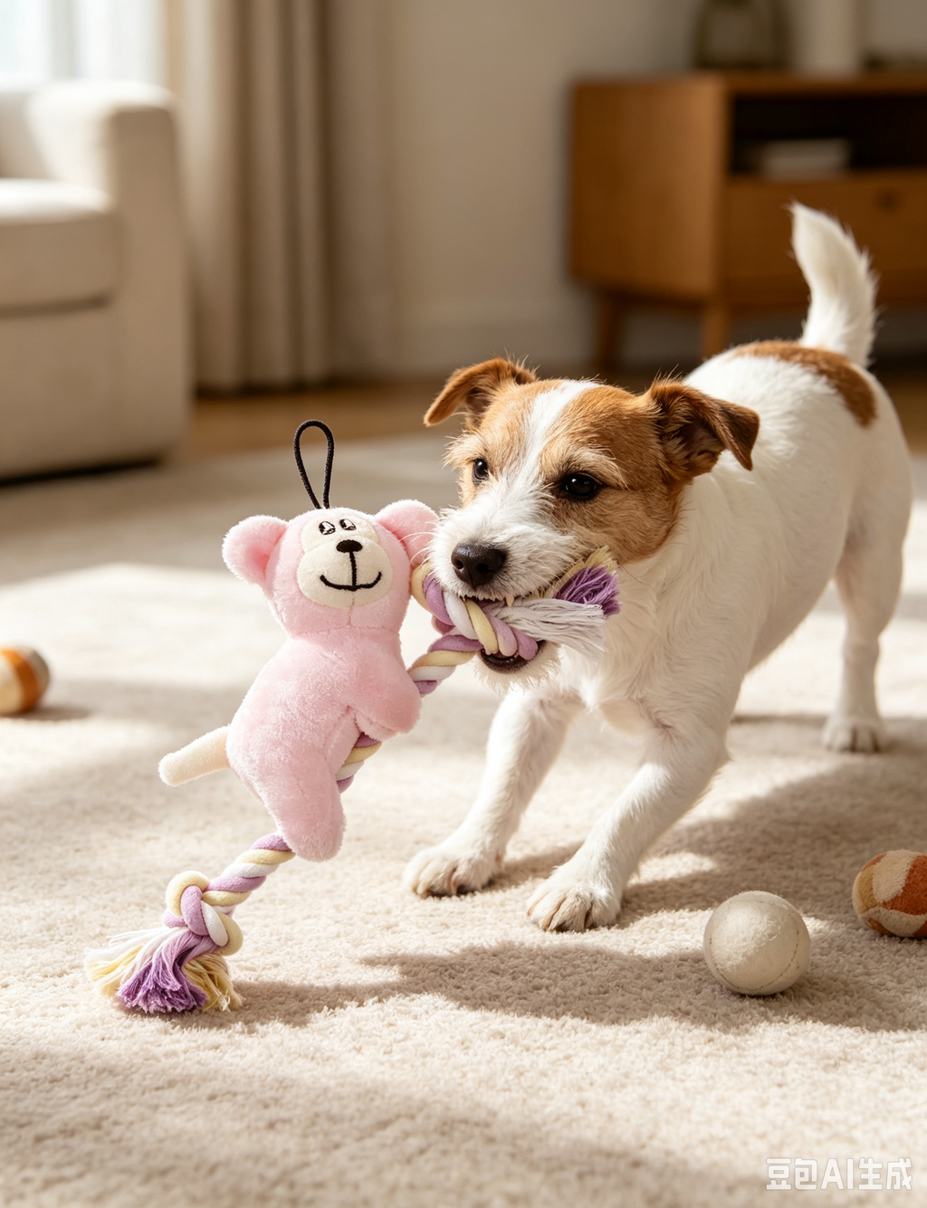Cute Pink Monkey Dog Rope Toy, Stuffed Plush Tug Chew Toy with Braided Rope for Puppy Interactive Play