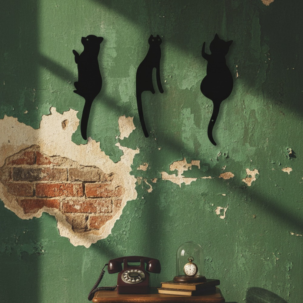 AEELLEEA-3Pcs Cat Metal Wall Art Decor, Rustproof Black Kitten Silhouette Hanging Wall Ornament, Modern Feline Wall Accent