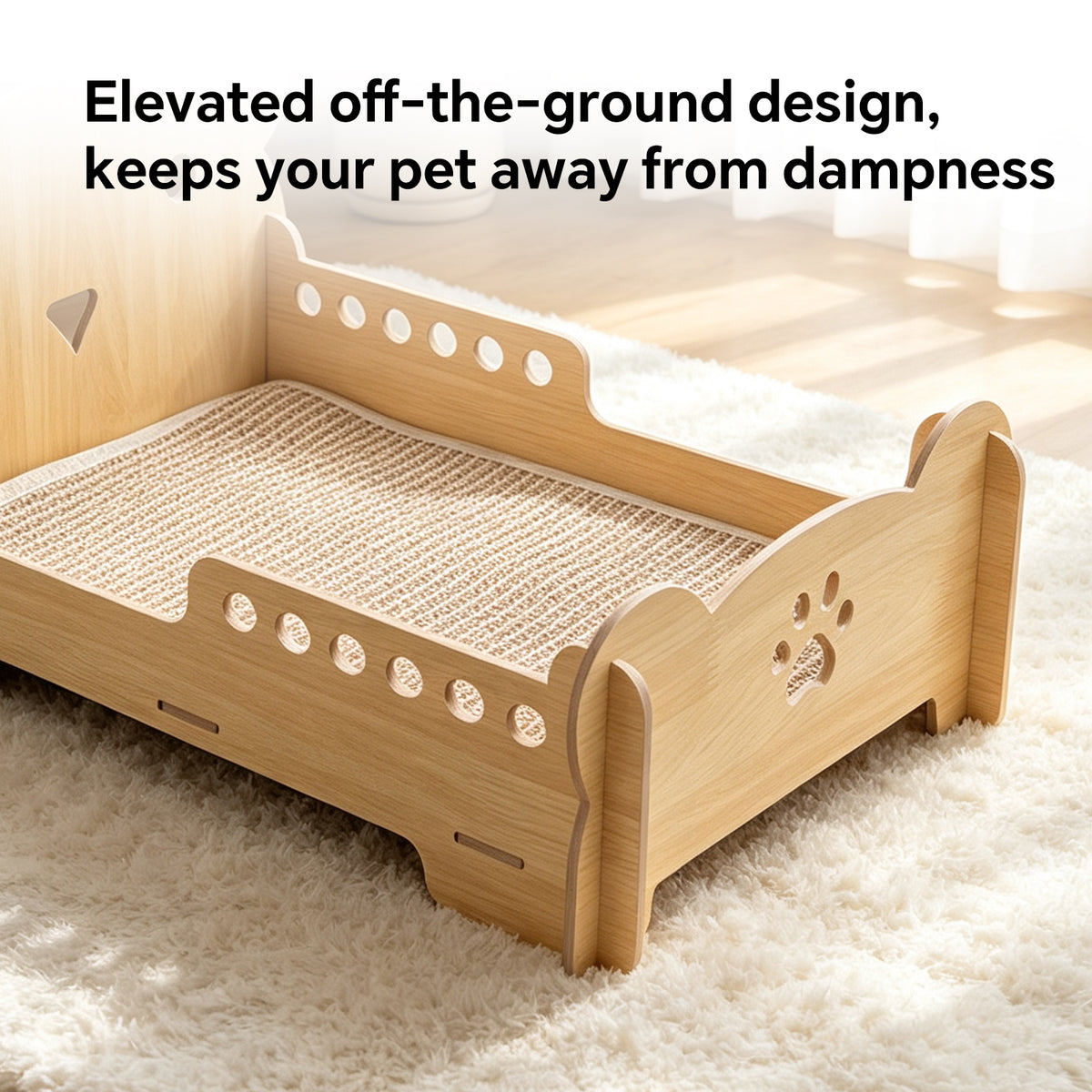 Bear Head Wooden Cat Scratcher Bed, Elevated Cat Lounge Bed with Sisal Mat, Furniture Protector for Small Cats & Dogs