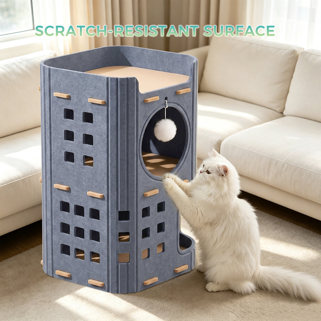 23.62 Inch 2-Storey Felt Cat Bed Cave, Large Covered Tunnel Hideaway, Scratch Resistant Cozy Indoor Condo for Multi Cats, Dark Grey