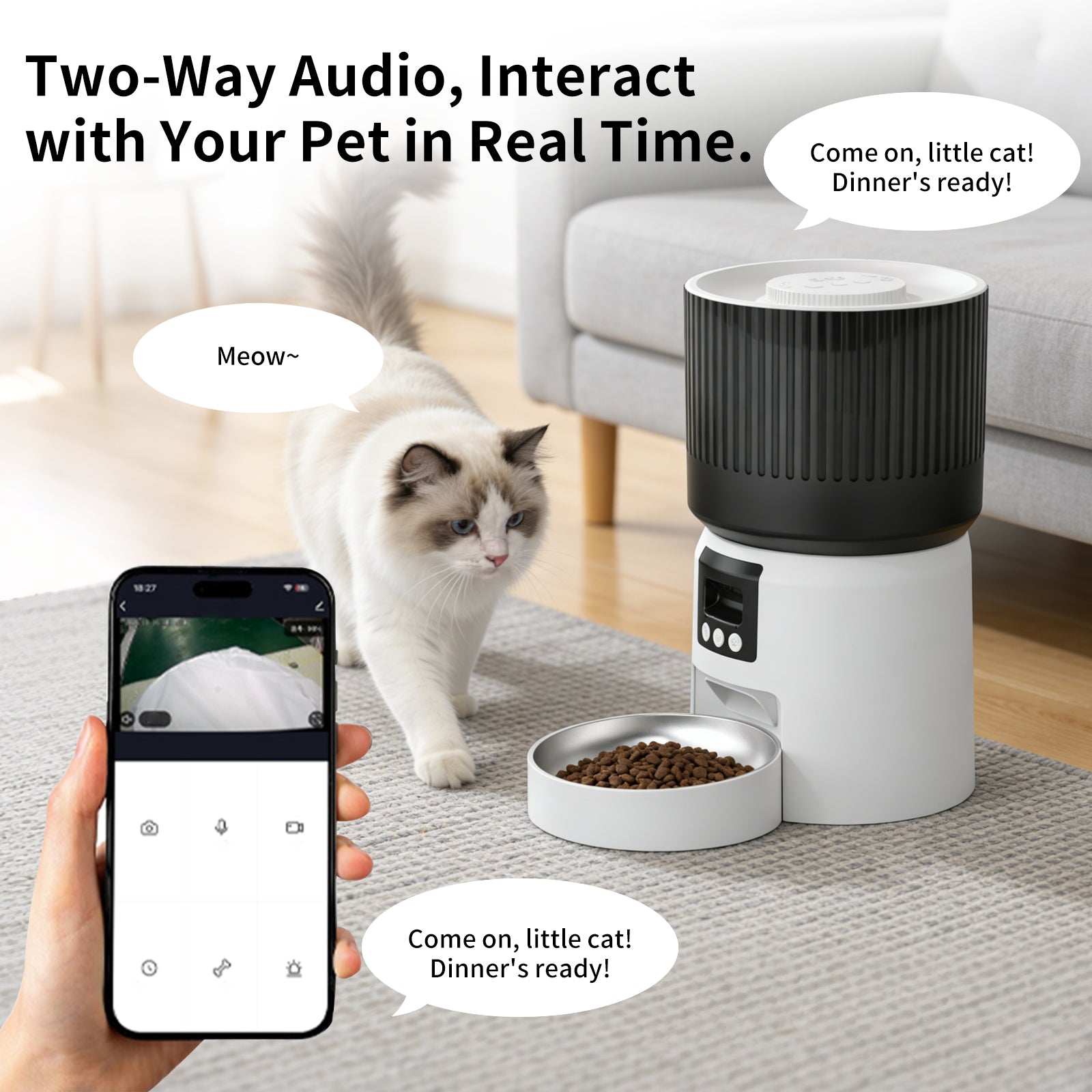 Smart Automatic Pet Feeder with Camera, WiFi App Control, 2-Way Audio, 4L Capacity, Timed Feeding for Cats & Dogs