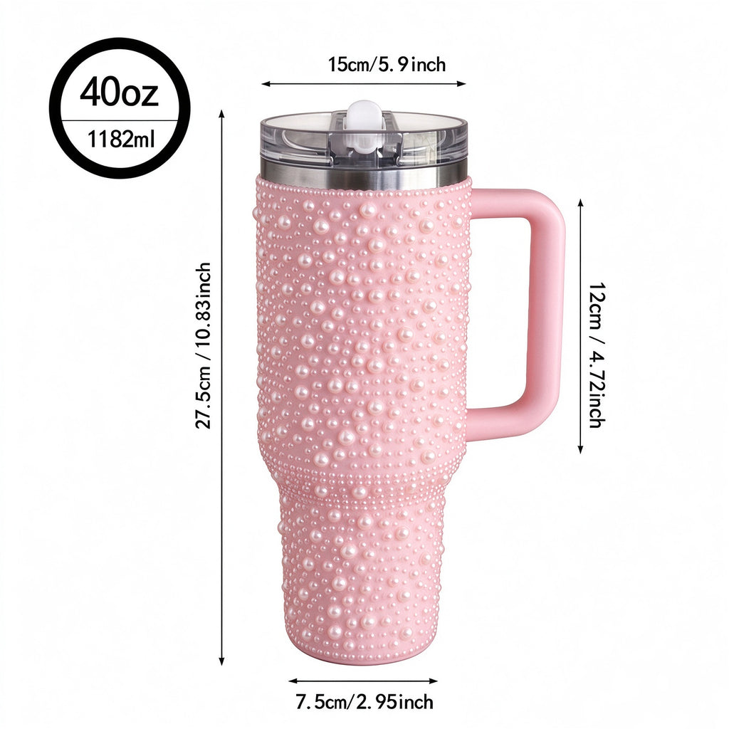 40oz Stainless Steel Insulated Tumbler with Lid and Straw, Double Wall Travel Coffee Cup with Pearl Rhinestone Design, Christmas Gift for Women