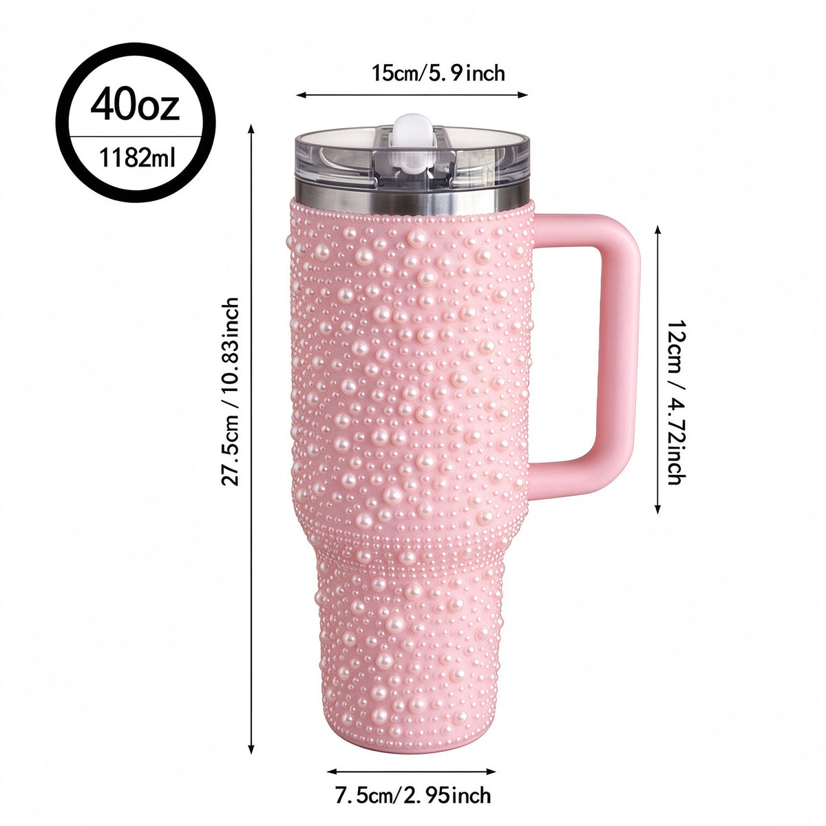 40oz Stainless Steel Insulated Tumbler with Lid and Straw, Double Wall Travel Coffee Cup with Pearl Rhinestone Design, Christmas Gift for Women