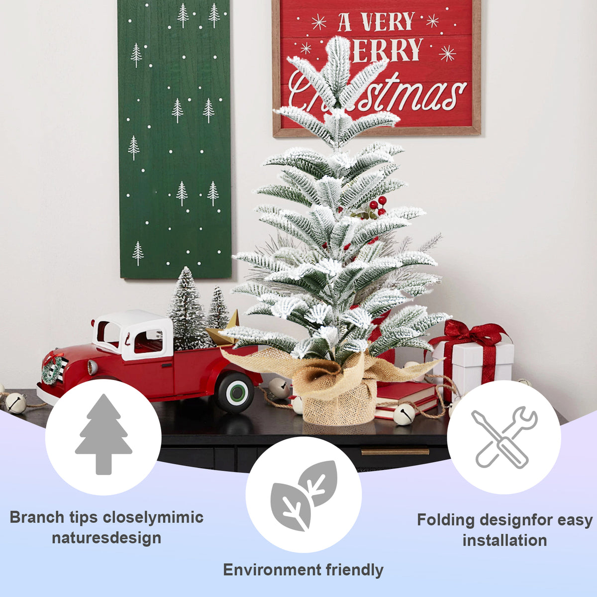 20" Mini Flocked Christmas Tree with Burlap Base, Small Artificial Snowy Tabletop Tree for Small Spaces & Indoor Holiday Decor.