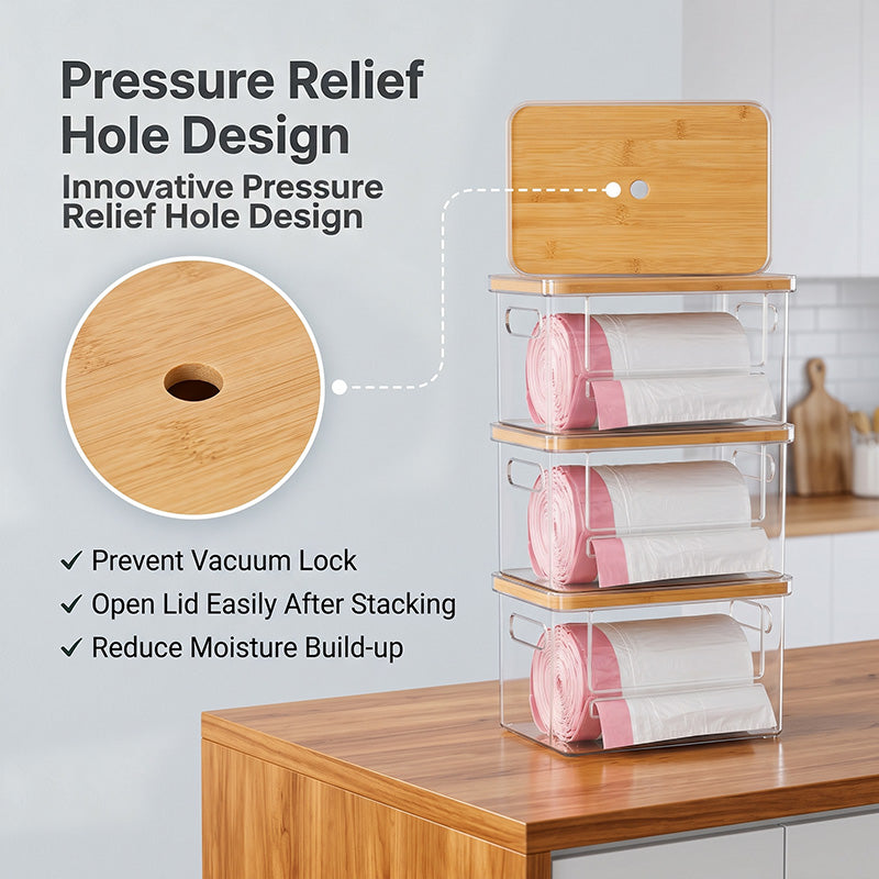 Stackable Storage Organizer with Bamboo Top, Extra Large Trash Bag Dispenser, Garbage Bag Holder, Under Sink Organizer, Pantry and Laundry Room Storage