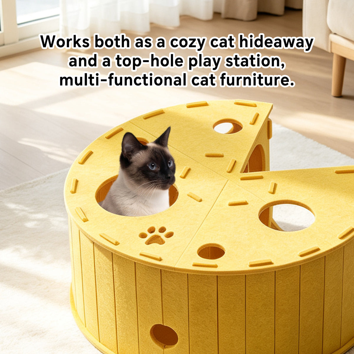 Felt Cat Tunnel Bed with Scratcher and Interactive Hanging Toy Ball, Cheese-Shaped Cat Tunnel House for Play, Rest & Hideaway