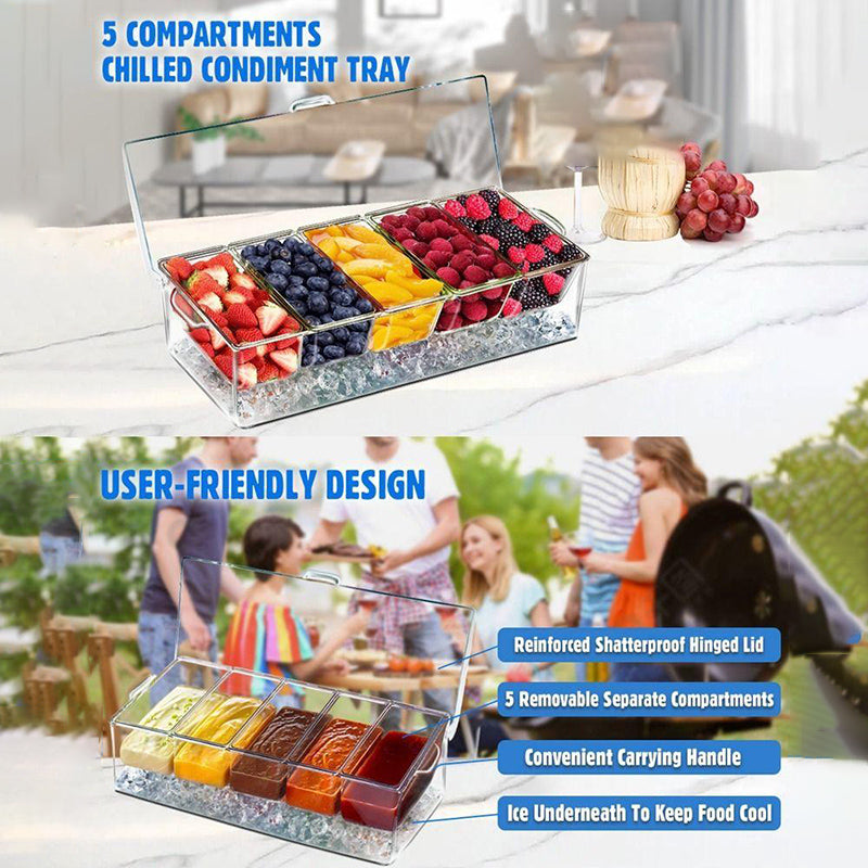 Chilled Condiment Server, condiment tray, bar garnish holder on ice, removable trays, with lid, stainless steel spoons forks clip, bar accessories, fruit salad storage