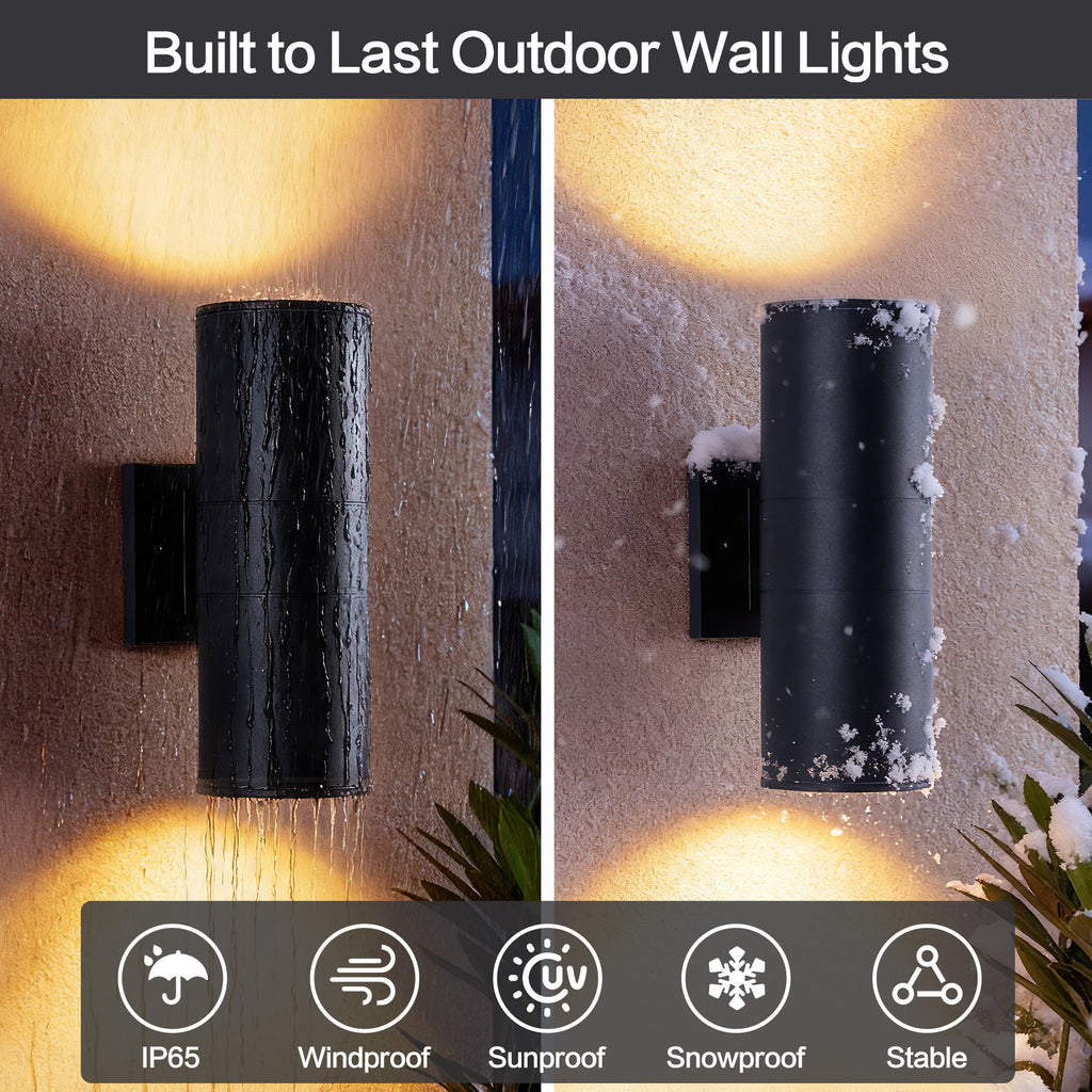 2 Pack Black Cylinder Up Down Wall Sconce Light, Aluminum Hardwired Outdoor Wall Lamp, Modern Vertical Wall Mount Light Fixture