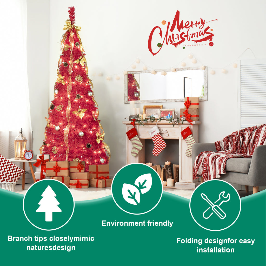 6FT Red Pop-Up Christmas Tree with 150 Warm White LED Lights, 4 Ribbons, Bows, Flowers, Snowflakes, Pine Cones & Balls, Holiday Decor