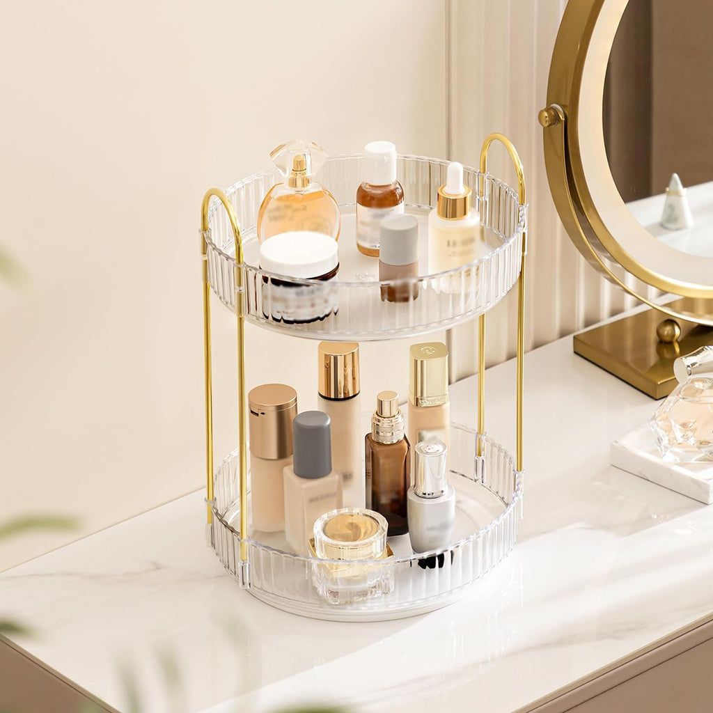 360 Rotating Lazy Susan Makeup Organizer, 2 Tiers Clear White High Capacity Cosmetic Storage for Vanity, Bathroom Countertop, Dresser, Skincare & Perfume Holder
