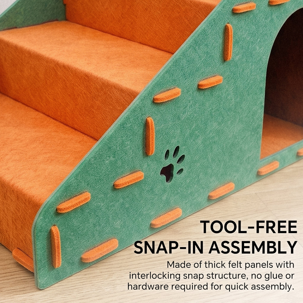 4-Step Felt Pet Stairs with Hideaway Cave, Non-Slip Dog Cat Ramp Steps for Sofa Bed, Small Pet Climbing Ladder