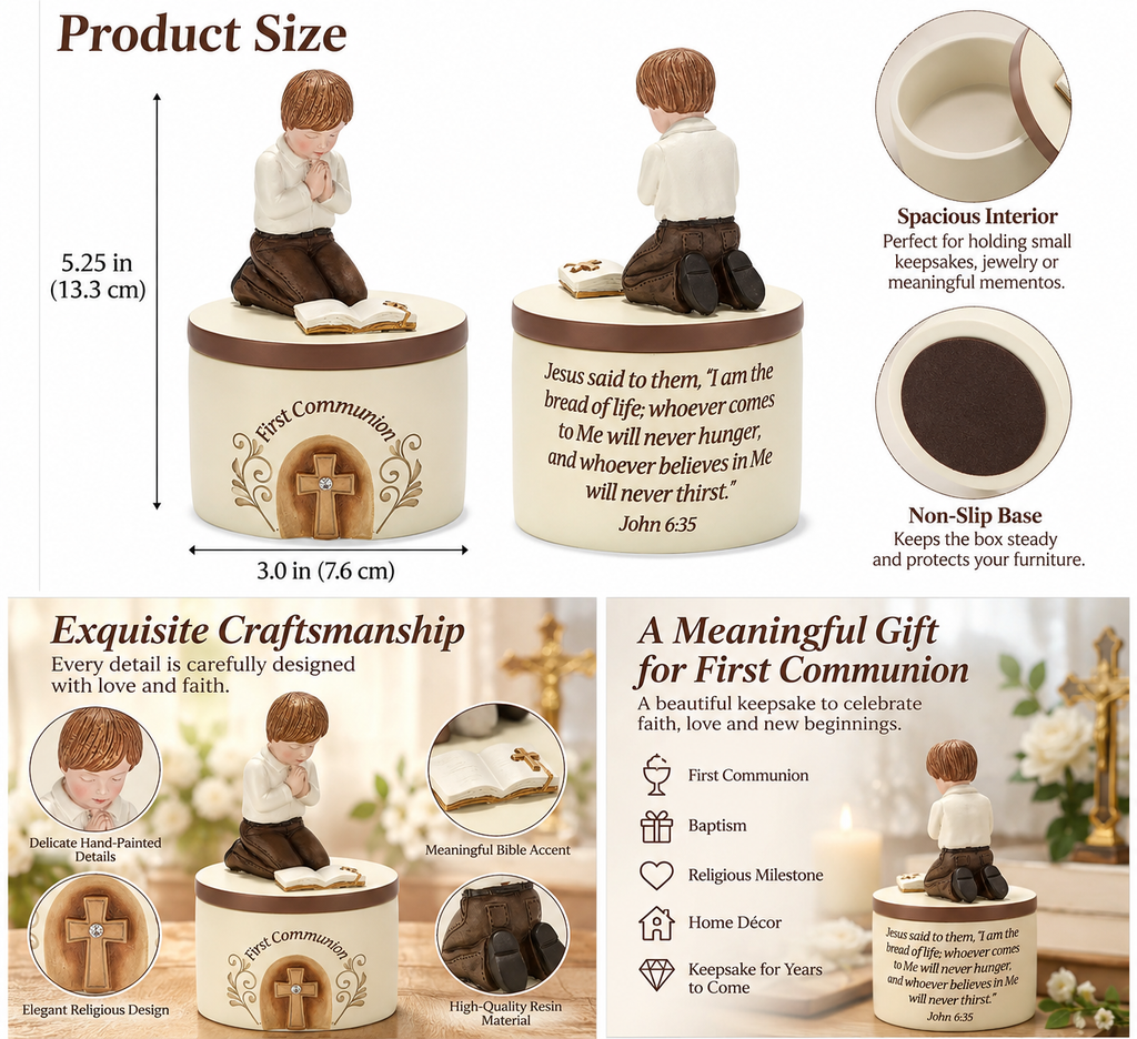 First Communion Keepsake Box with Praying Boy Figurine, Resin Religious Jewelry Storage Box, 5.25 in
