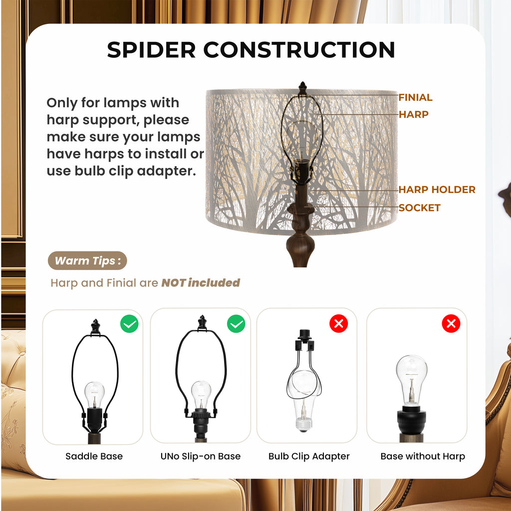 ALUCSET 18"×12" Drum Metal Lamp Shade, Black Gold Forest Etched Tree Shadow Lampshade with Spider Fitter for Table, Floor & Pendant Lights