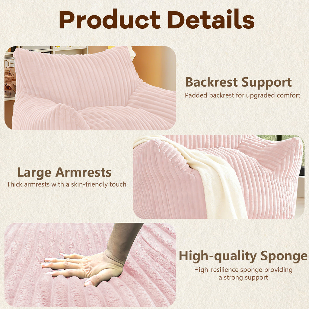 AEELLEEA Pink Striped Faux Fur Bean Bag Chair with Ottoman, Crushed Sponge Lazy Sofa, Oversized Accent Chair for Bedroom Living Room