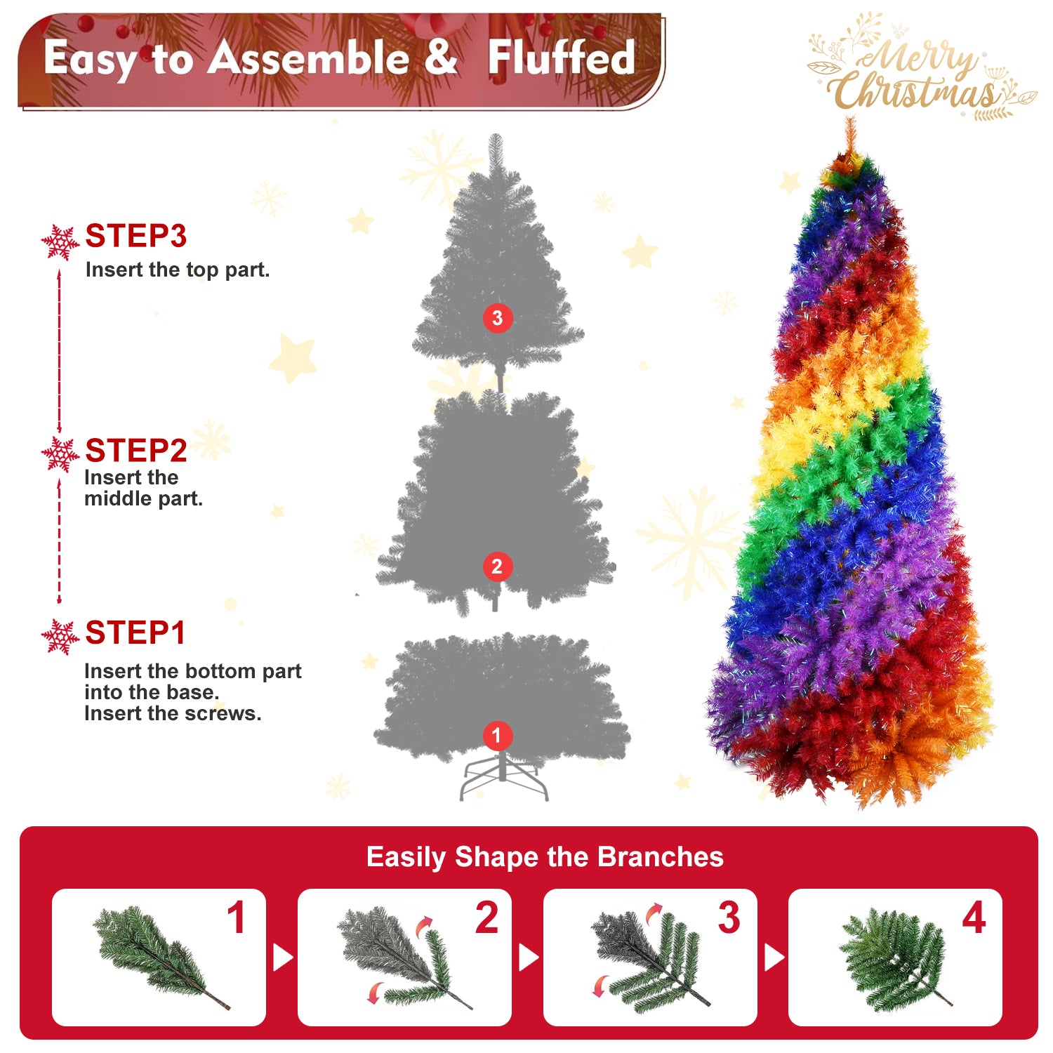 6FT/7.5FT Rainbow Spiral Christmas Tree - Colorful PVC Artificial Holiday Tree with Unique Spiral Design and Sturdy Metal Stand