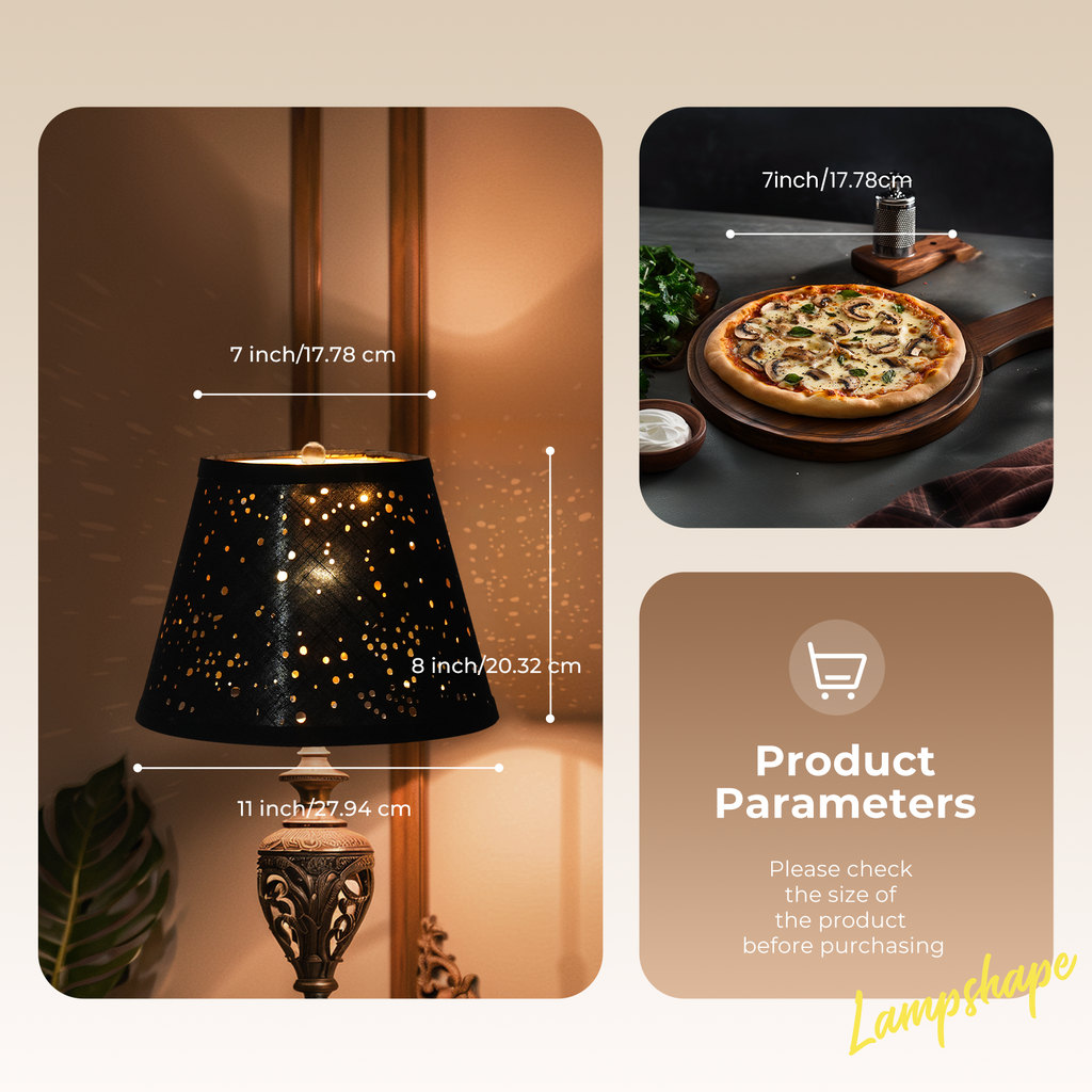 ALUCSET Set of 2 Natural Linen Bell Lamp Shades – Spider Fitter, 7" Top x 11" Bottom x 8"H, Black/Gold, Harp Holder Included