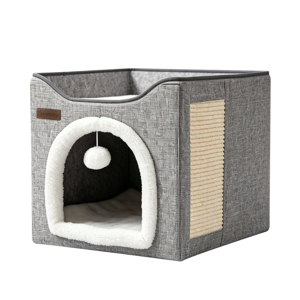 3-in-1 Foldable Cat House, Enclosed Cat Cave Bed with Scratching Pad & Hanging Pom-Pom Toy, Multi-Functional Cat Hideaway for Indoor Cats
