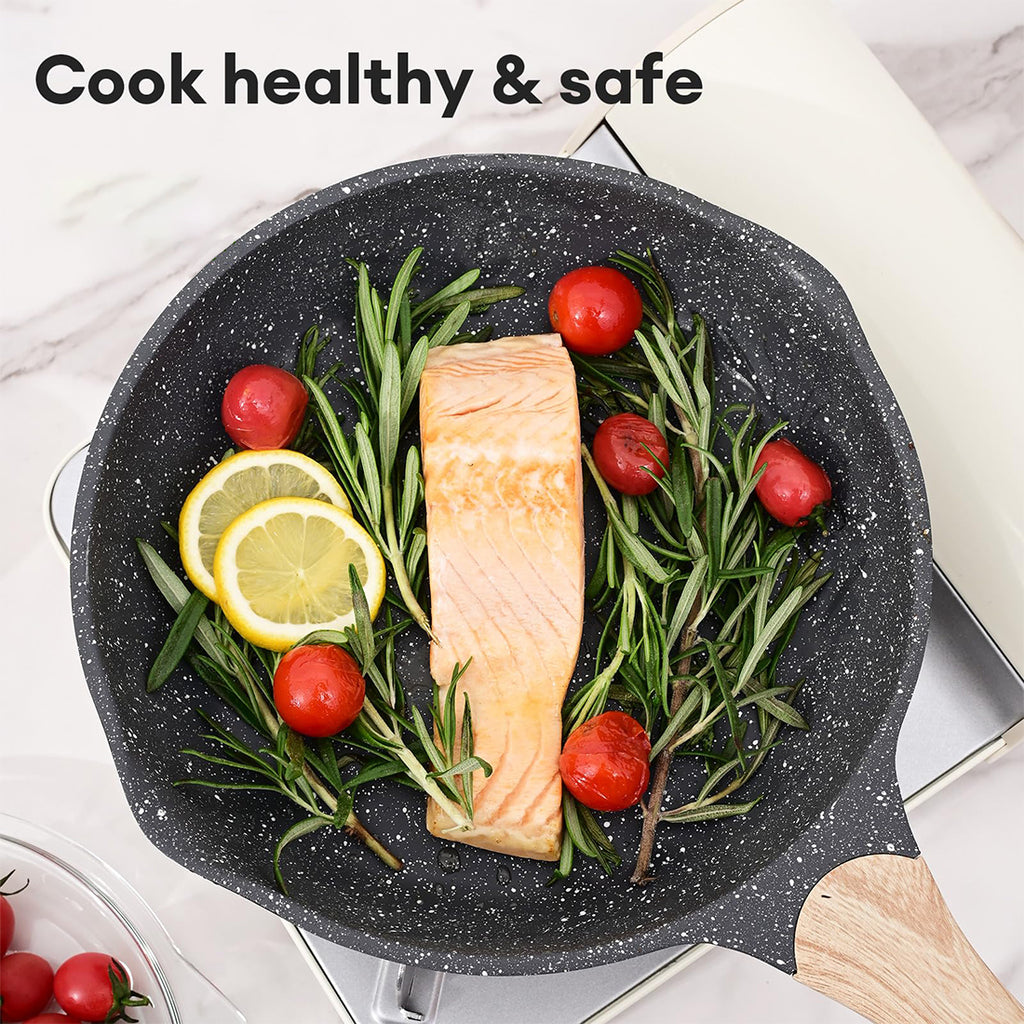 9.5 Inch Nonstick Frying Pan, Stone Coating Cookware Omelette Pan, Heat Resistant Handle, Compatible with All Stoves, Grey