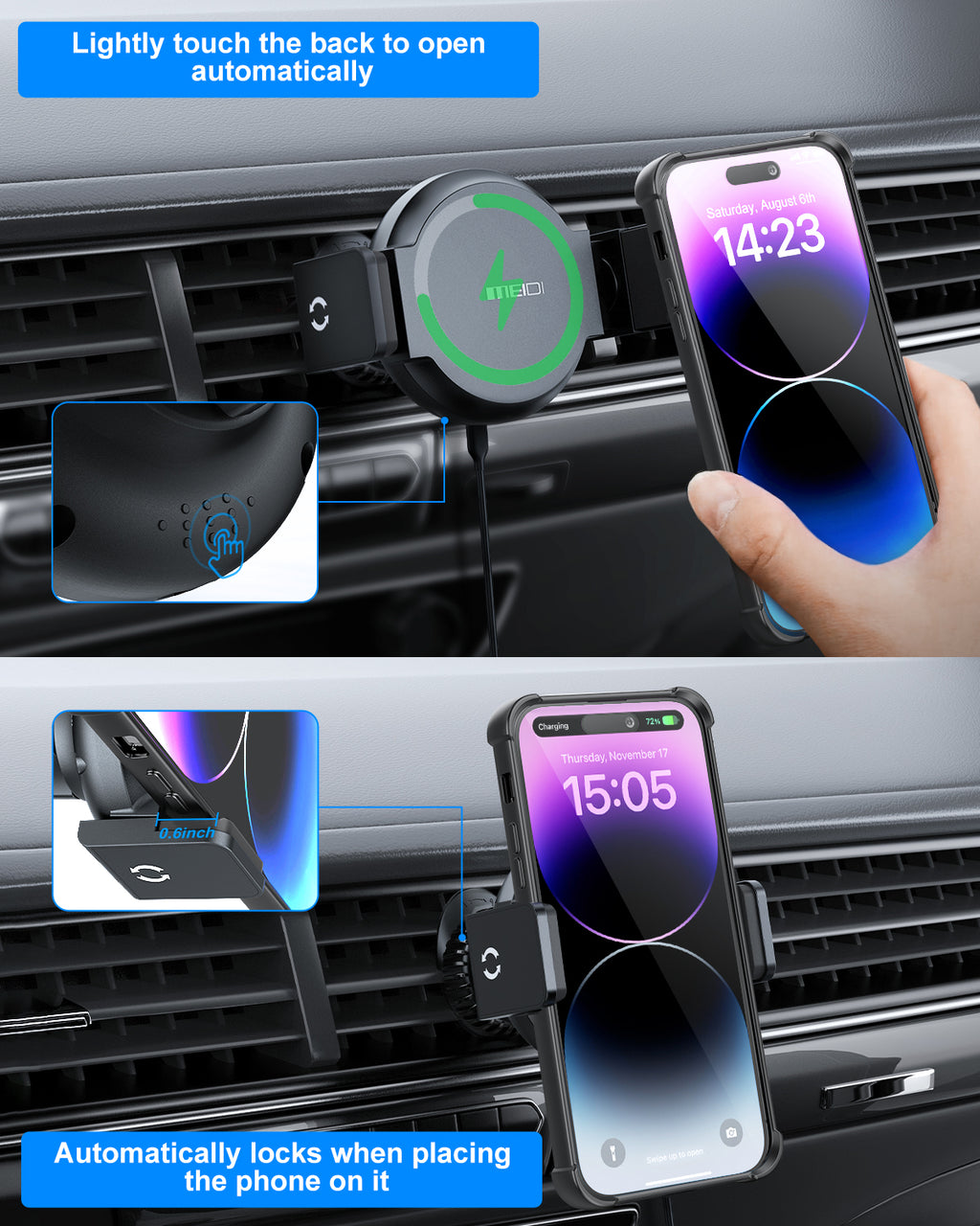 15W MagSafe Car Charger Mount, Magnetic Wireless Car Phone Holder with Air Vent Clip, Fast Charging Mount Compatible with iPhone 15/14/13/12 Pro Max Plus & MagSafe Cases