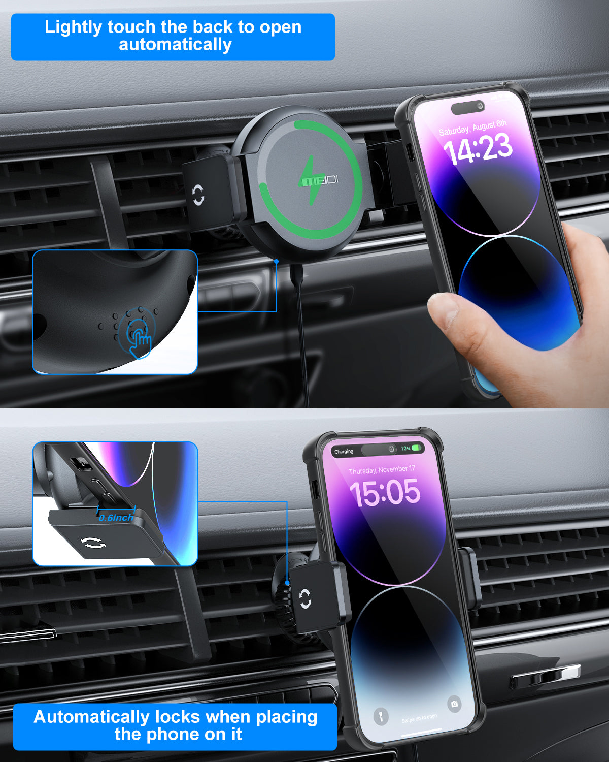15W MagSafe Car Charger Mount, Magnetic Wireless Car Phone Holder with Air Vent Clip, Fast Charging Mount Compatible with iPhone 15/14/13/12 Pro Max Plus & MagSafe Cases
