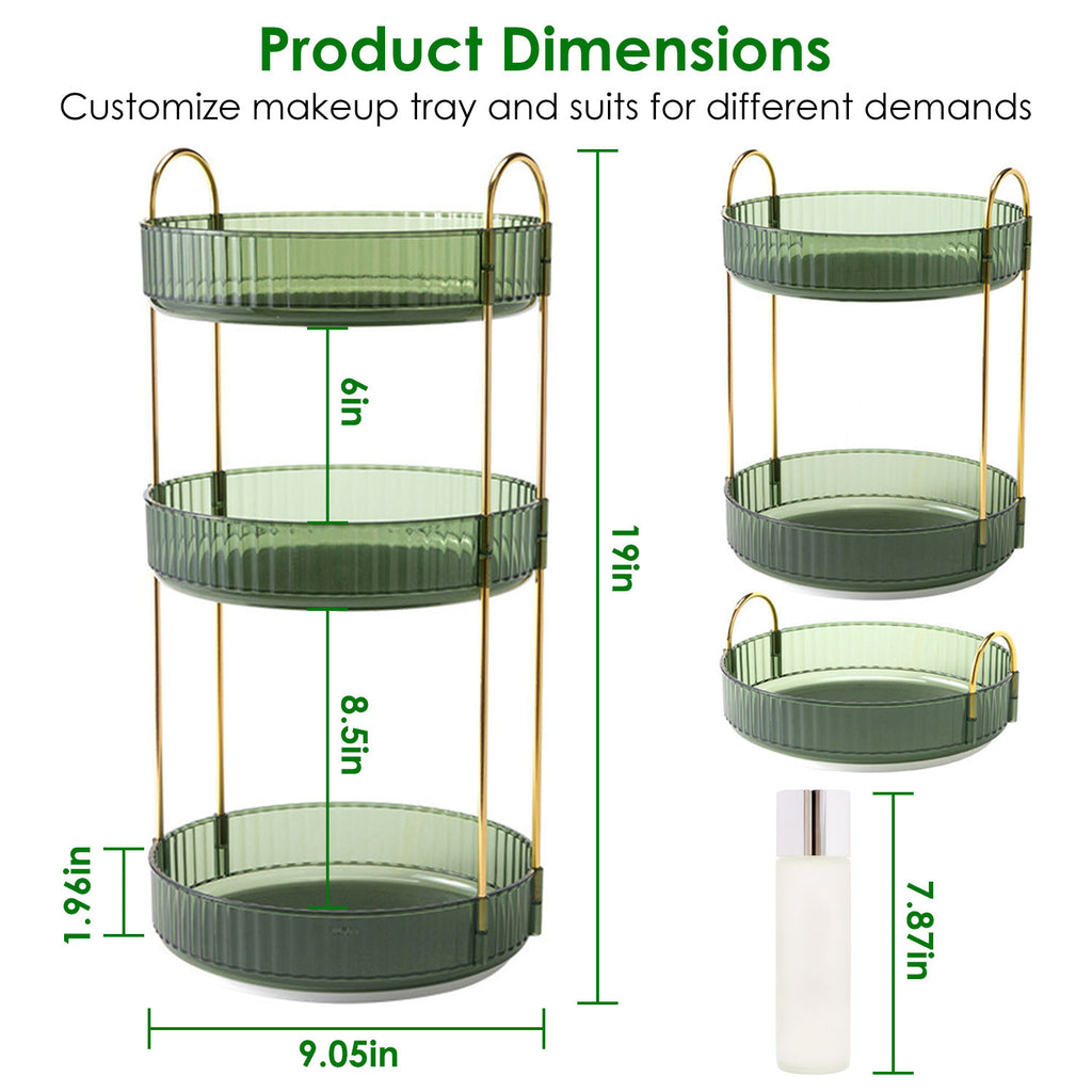 Aeelleea 3-Tier Rotating Makeup Organizer, Round Green Cosmetic Storage Tray, 360° Spinning Skincare Holder for Bathroom Vanity