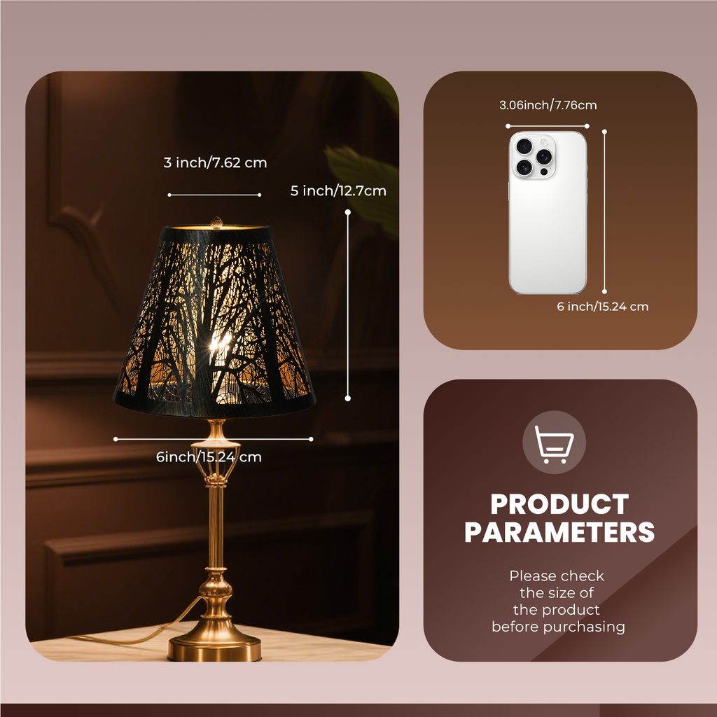 Alucset Metal Tree Shadow Lampshade – 5"x3"x6", Spider Fitter for Table Lamps, Etched Forest Design with Gold Inner Finish, Fits Standard Harp Bases